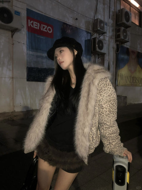 GKIKZ LUXURIOUS LEOPARD PRINT FAUX FUR HOODED JACKET