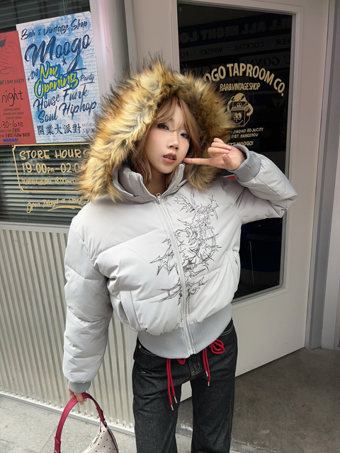 GKIKZ FAUX FUR-LINED COTTON HOODED PUFFER JACKET