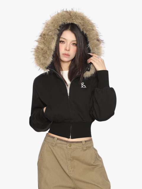 GKIKZ FAUX FUR CROPPED DETACHABLE HOOD ZIP-UP