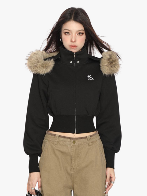 GKIKZ FAUX FUR CROPPED DETACHABLE HOOD ZIP-UP
