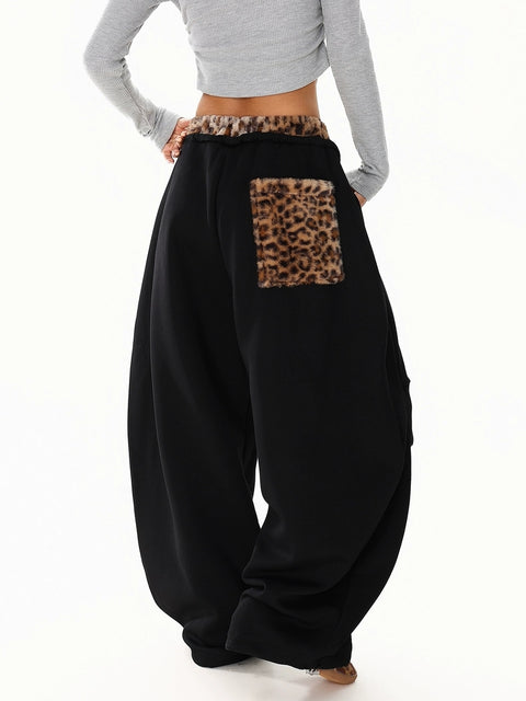 GKIKZ LEOPARD TRIM DOUBLE-WAIST WIDE-LEG SWEATPANTS