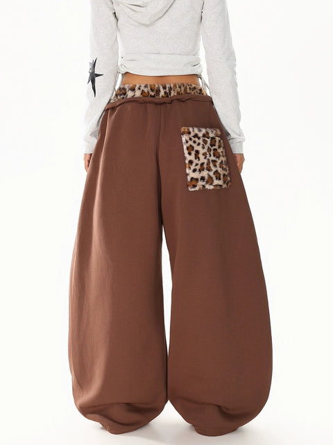 GKIKZ LEOPARD TRIM DOUBLE-WAIST WIDE-LEG SWEATPANTS