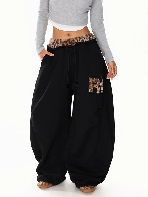 GKIKZ LEOPARD TRIM DOUBLE-WAIST WIDE-LEG SWEATPANTS