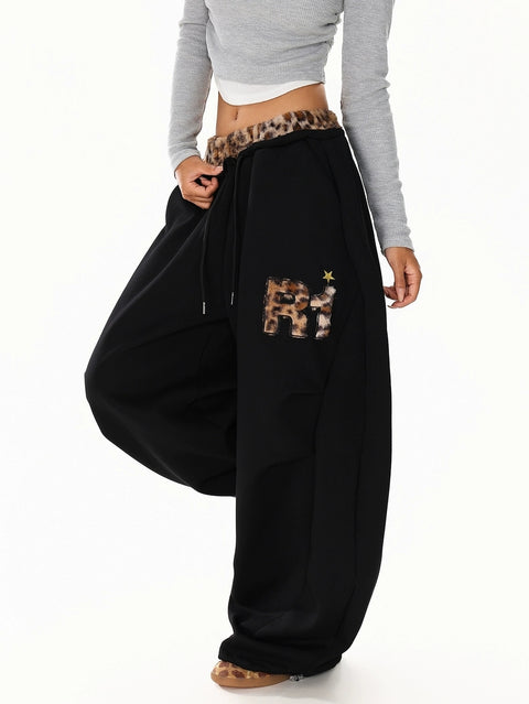 GKIKZ LEOPARD TRIM DOUBLE-WAIST WIDE-LEG SWEATPANTS