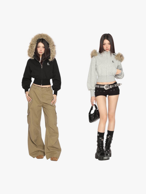 GKIKZ FAUX FUR CROPPED DETACHABLE HOOD ZIP-UP