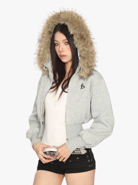 GKIKZ FAUX FUR CROPPED DETACHABLE HOOD ZIP-UP