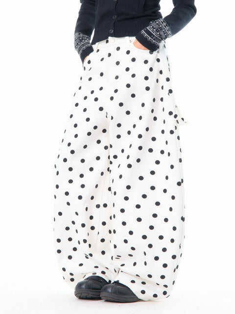 Heart Shaped Back-Pocket Polka Dot Wide-Leg Pant