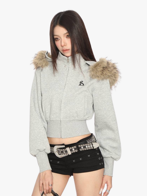 GKIKZ FAUX FUR CROPPED DETACHABLE HOOD ZIP-UP