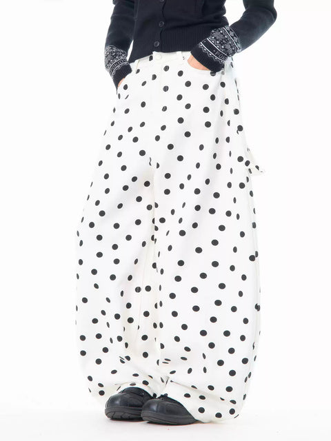 Heart Shaped Back-Pocket Polka Dot Wide-Leg Pant