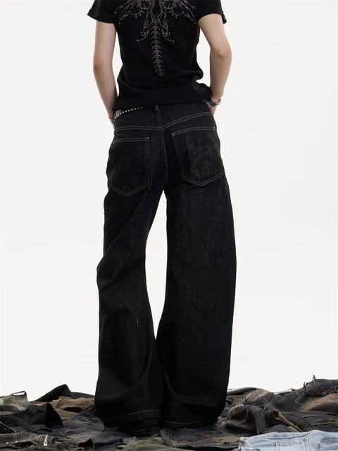 GKIKZ NIGHT-THREAD EMBROIDERED WIDE-LEG COTTON DENIM