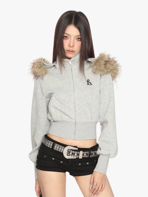 GKIKZ FAUX FUR CROPPED DETACHABLE HOOD ZIP-UP