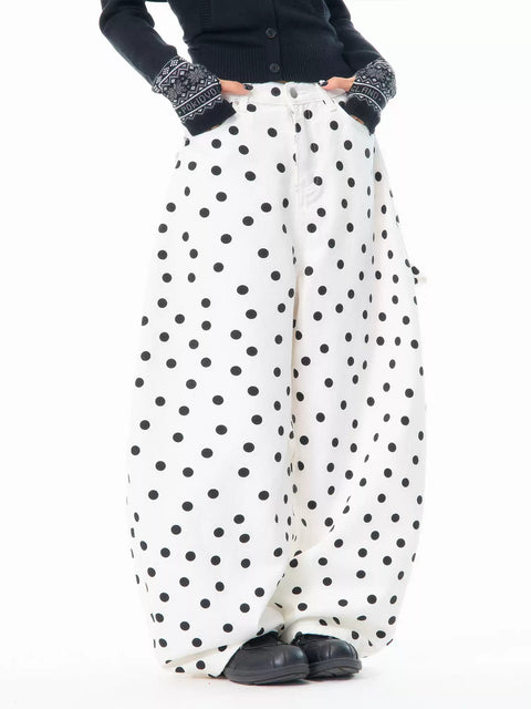 Heart Shaped Back-Pocket Polka Dot Wide-Leg Pant