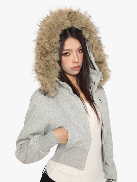 GKIKZ FAUX FUR CROPPED DETACHABLE HOOD ZIP-UP