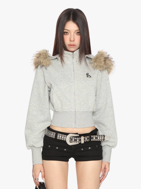 GKIKZ FAUX FUR CROPPED DETACHABLE HOOD ZIP-UP
