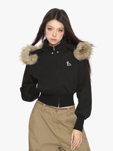 GKIKZ FAUX FUR CROPPED DETACHABLE HOOD ZIP-UP