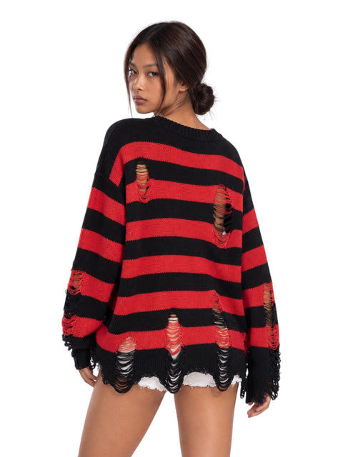 Static Stripe Distressed Knit Sweater