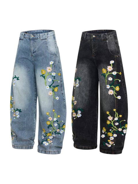 Floral Embroidered Wide-Leg Denim Pants