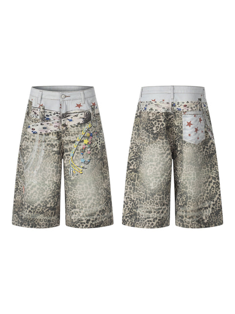 Retro Leopard-Print Wide-Leg Denim Shorts