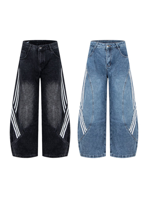 Tri-line curved panel wide-leg denim jeans — women's streetwear