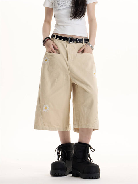 GKIKZ ENJOY DAISY EMBROIDERED WID-LEG JORTS