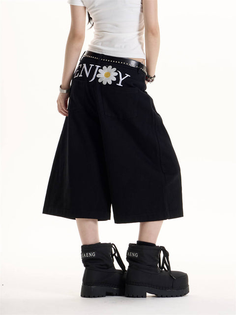 GKIKZ ENJOY DAISY EMBROIDERED WID-LEG JORTS