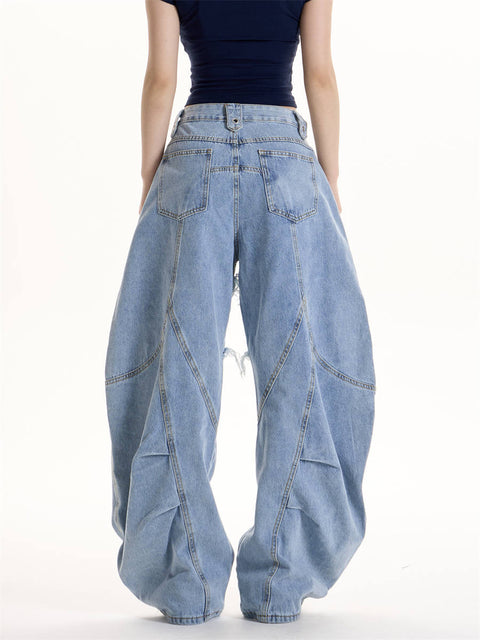 GKIKZ DOUBLE STRAP FRAYED PATCHWORK BAGGY JEANS