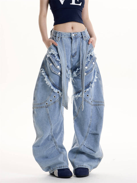 GKIKZ DOUBLE STRAP FRAYED PATCHWORK BAGGY JEANS