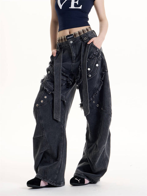 GKIKZ DOUBLE STRAP FRAYED PATCHWORK BAGGY JEANS