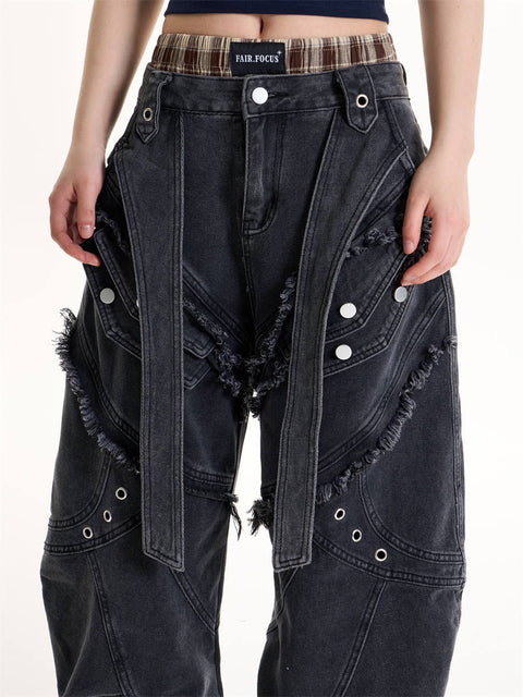 GKIKZ DOUBLE STRAP FRAYED PATCHWORK BAGGY JEANS