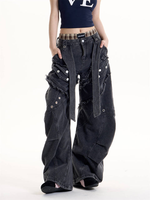 GKIKZ DOUBLE STRAP FRAYED PATCHWORK BAGGY JEANS