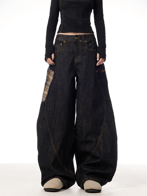 GKIKZ RETRO PLAID BIG POCKET SCIMITAR BAGGY JEANS