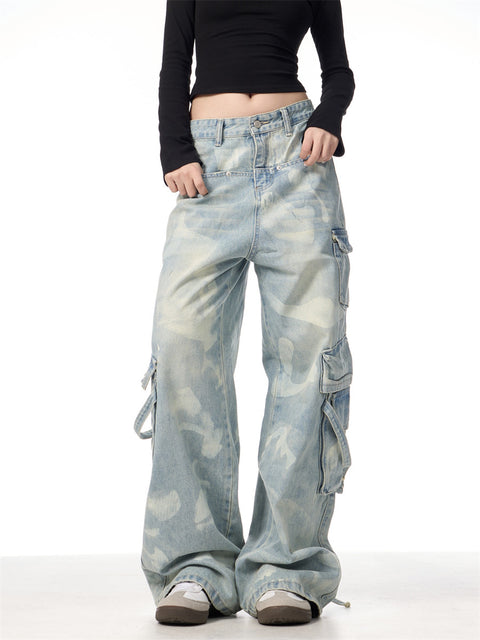GKIKZ RETRO TIE-DYED WASHED WIDE-LEG CARGO JEANS