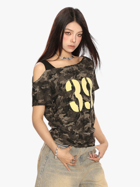 GKIKZ CAMOUFLAGE OFF-SHOULDER TEES