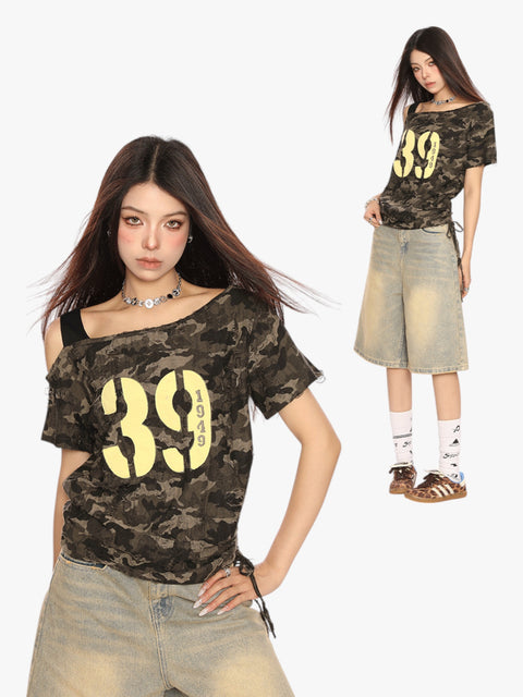 GKIKZ CAMOUFLAGE OFF-SHOULDER TEES