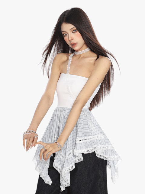 GKIKZ LACE TRIMMED HANDKERCHEIF PEPLUM TUBE TOP