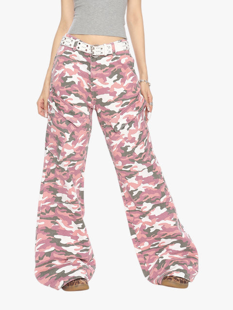 GKIKZ PINK CAMOUFLAGE CARGO BOOTCUT PANTS