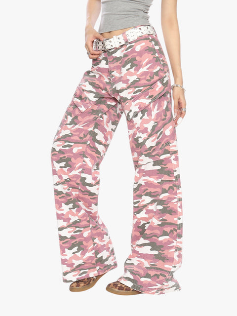 GKIKZ PINK CAMOUFLAGE CARGO BOOTCUT PANTS