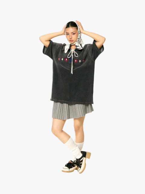 GKIKZ TIE-UP COLLAR WASHED HEAVY COTTON TEES