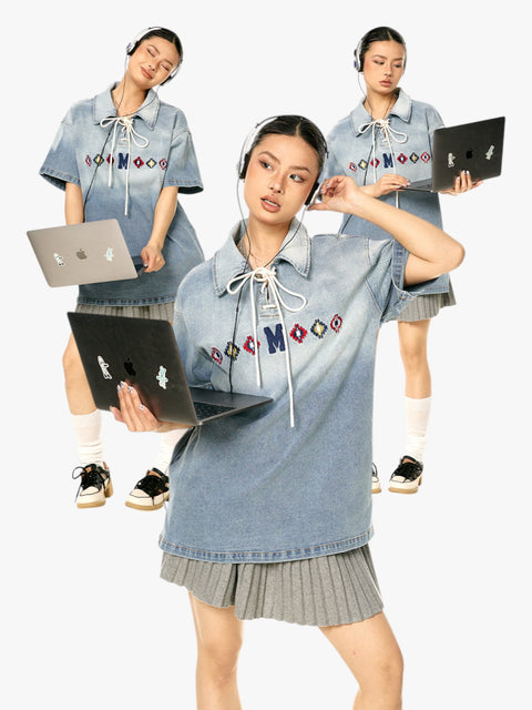 GKIKZ TIE-UP COLLAR WASHED HEAVY COTTON TEES