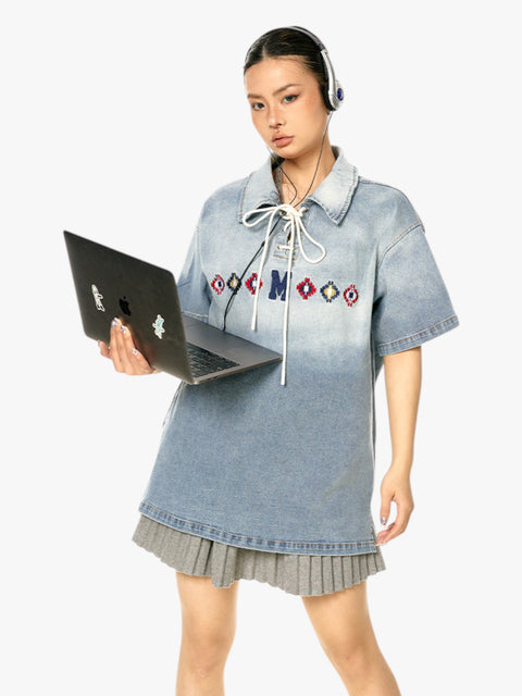 GKIKZ TIE-UP COLLAR WASHED HEAVY COTTON TEES