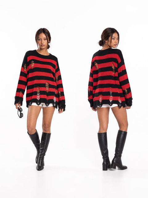 Static Stripe Distressed Knit Sweater