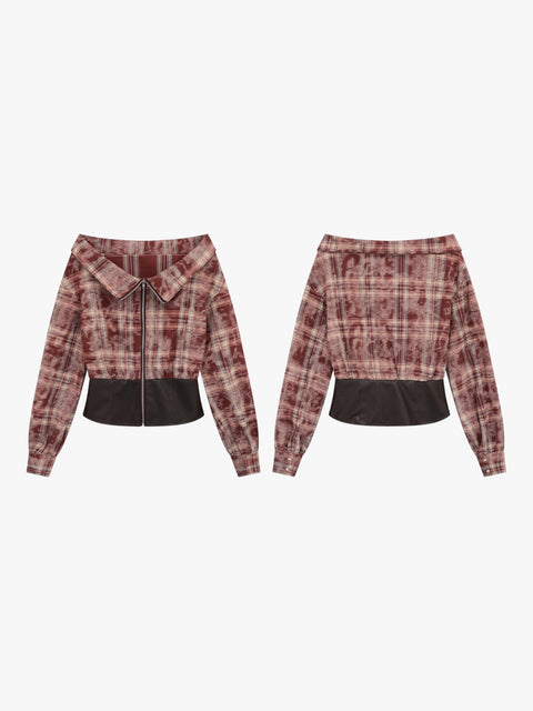 GKIKZ EDGY OFF-SHOULDER PLAID JACKET