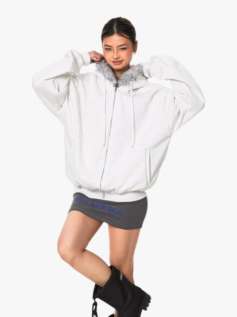 GKIKZ RETRO FUR COLLAR HOODED CARDIGAN