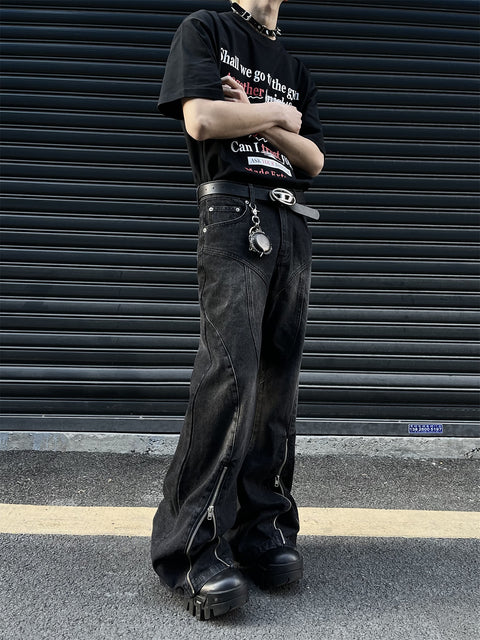 Mid-Zipper Slightly Flared Baggy Denim Jeans