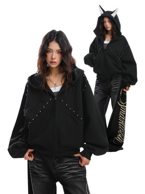 GKIKZ STUDDED DEVIL HORN HOODIE - PREMIUM COTTON ZIP-UP