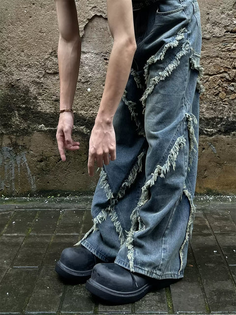 Cross Raw-Edge Baggy Jeans