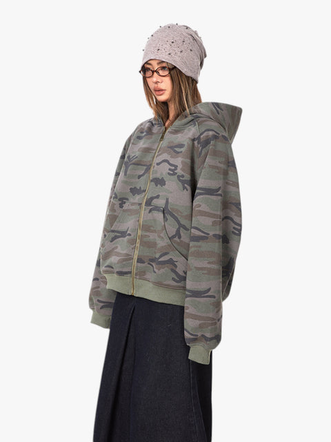 GKIKZ RETRO CAMOUFLAGE LOOSE ZIPPER CARDIGAN