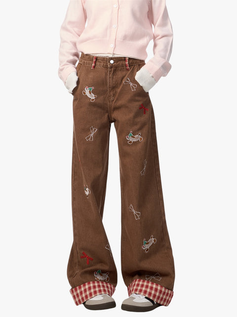 GKIKZ PLAYFUL DACHSHUND BOW WIDE-LEG HIGH WAIST JEANS