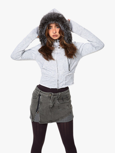 GKIKZ SLIGHT TIGHT FUR COLLAR HOODED CARDIGAN