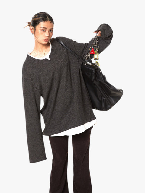 GKIKZ TEXTURE FAKE TWO-PIECE OVERSIZED KNIT TEES